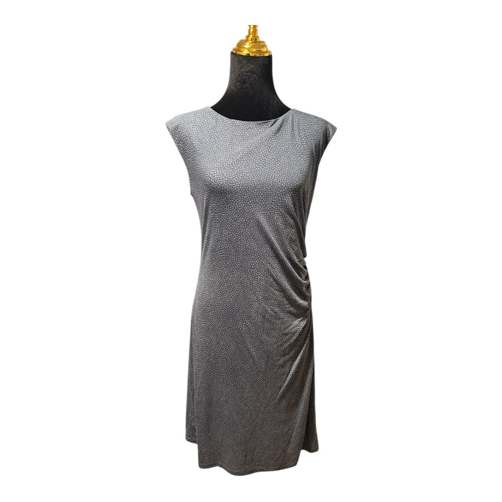 LOFT Midi Sheath Dress Sz M Grey-Blue Gold Specks Ruched Cap Sleeves Lined EUC